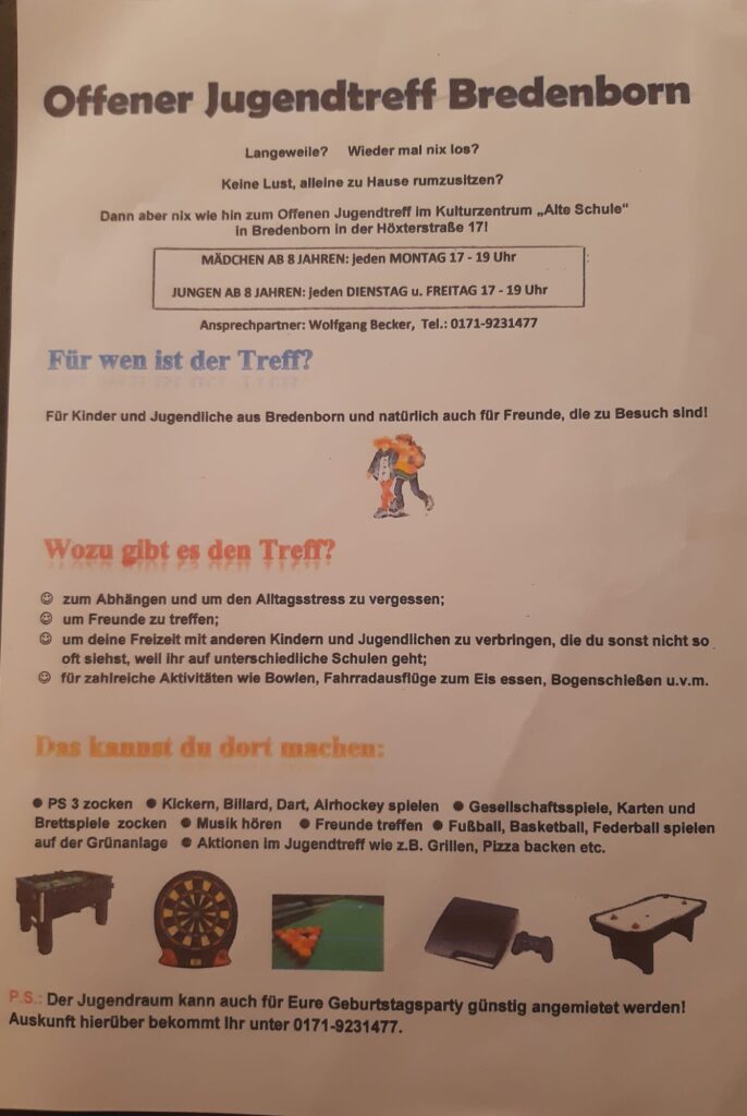 Plakat, das die Angebote des Jugendtreffs aufzählt