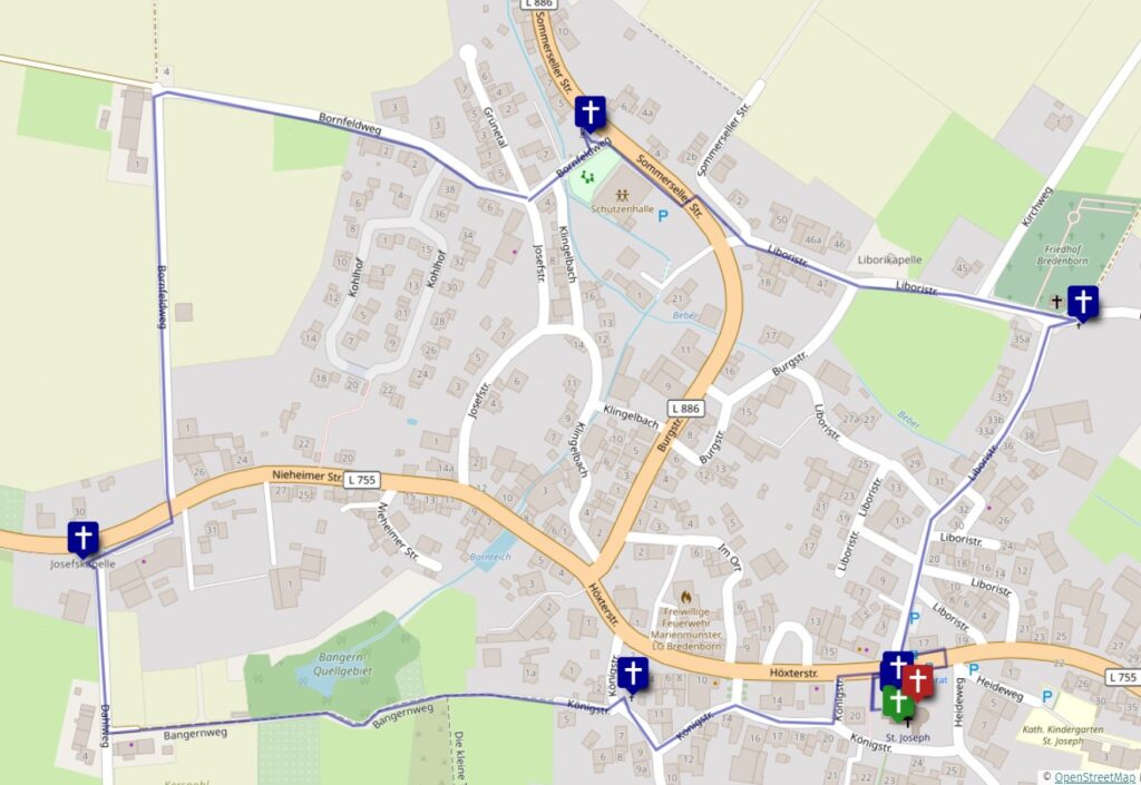 Landkarte mit dem Wegvorschlag für den Kreuzwegspaziergang 2026